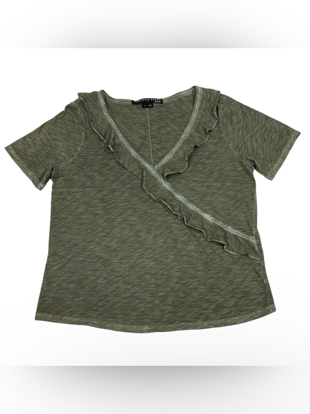 Veronica Beard Jeans Women’s M Green Solid Pima Cotton Knit V-Neck Ruffle SS Tee
